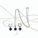 JUEGO PLATA RODIZADA ZAFIRO REDONDO CON HALO Y CADENA