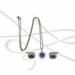 JUEGO PLATA RODIZADA ZAFIRO REDONDO DOBLE HALO CON CADENA