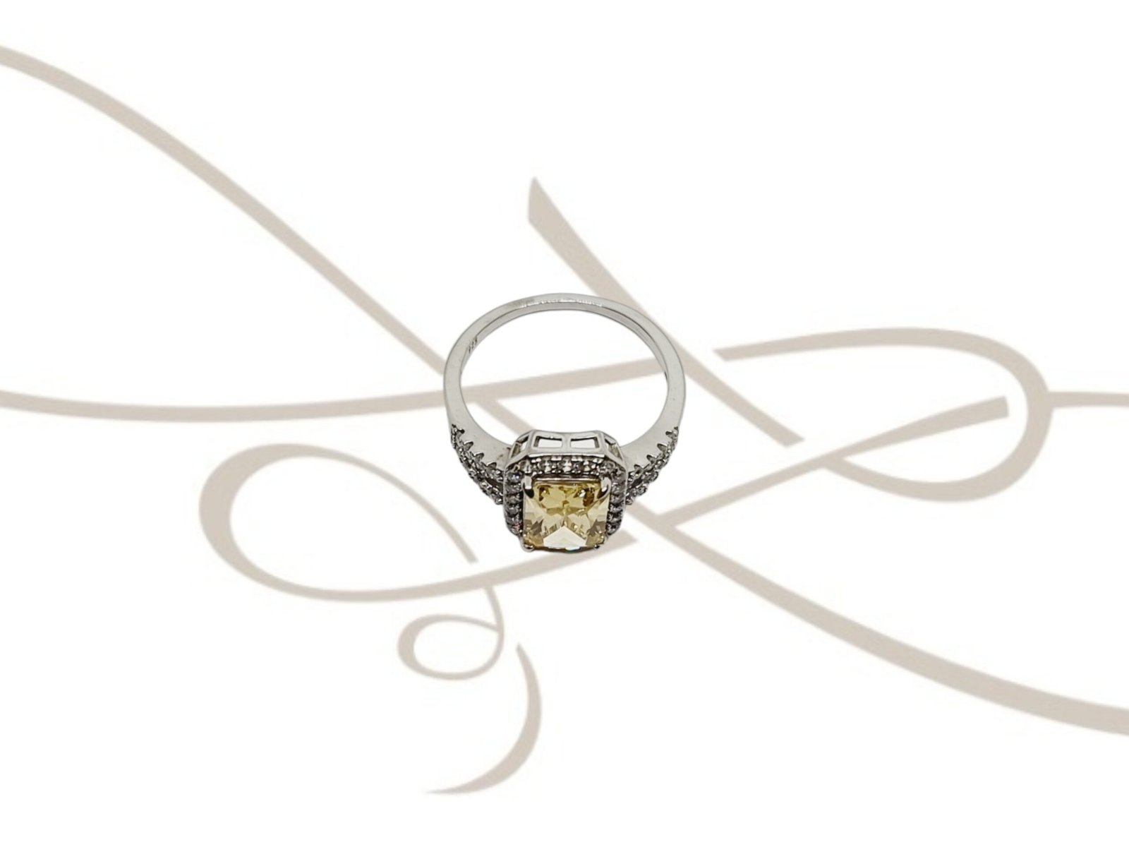ANILLO PLATA RODIZADA CUADRO TOPACIO AMARILLO DOBLE BANDA