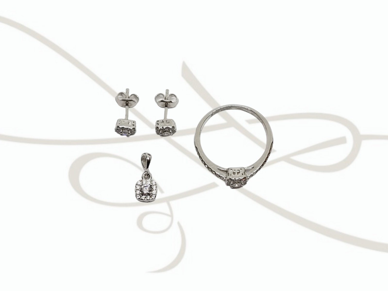 JUEGO PLATA RODIZADA CUADRO MINI TOPACIO BLANCO CON ANILLO