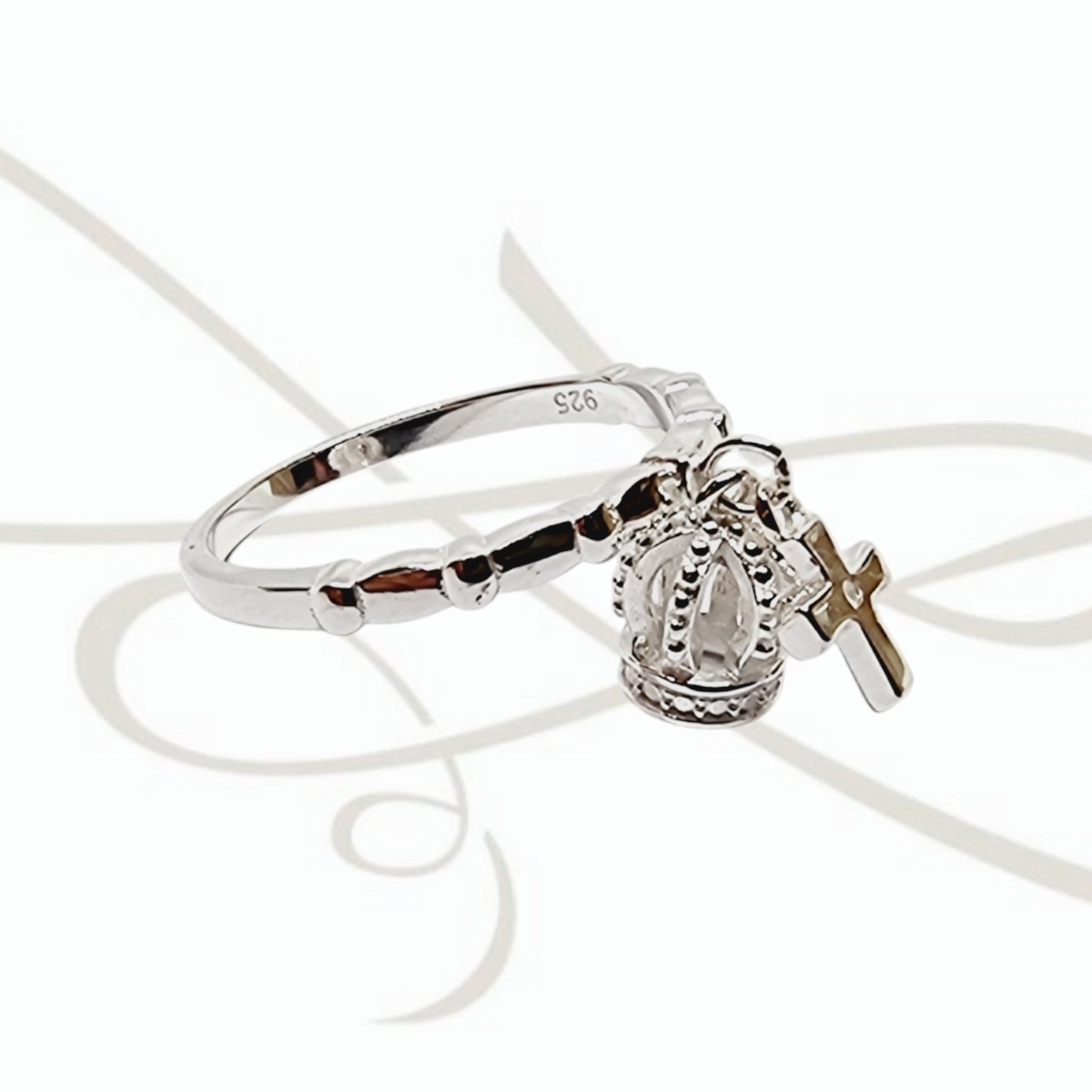ANILLO PLATA DIJES CORONA Y CRUZ