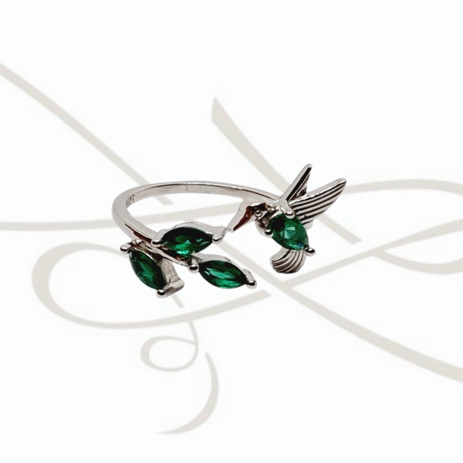 ANILLO PLATA COLIBRI Y HOJA ZIRCONIA VERDE FUERTE