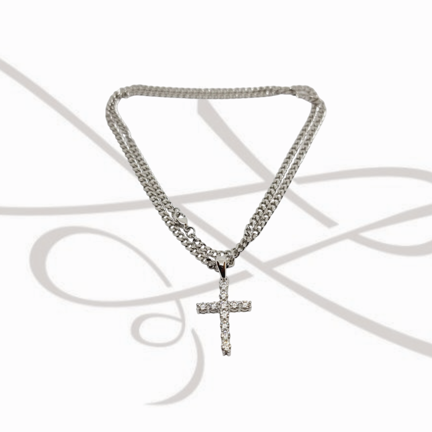 COLLAR CON DIJE PLATA RODIZADA CADENA Y CRUZ MOISSANITE