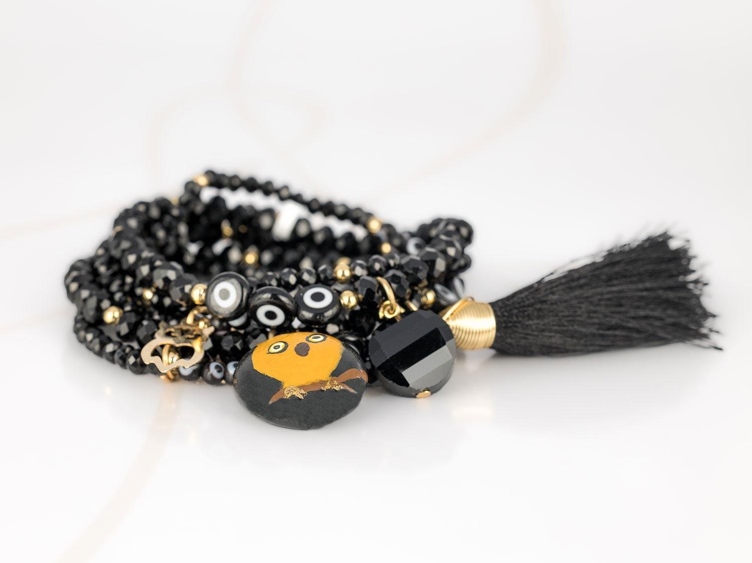 PULSERA CON DIJE ORO LAMINADO BARRO POMPON CRISTAL