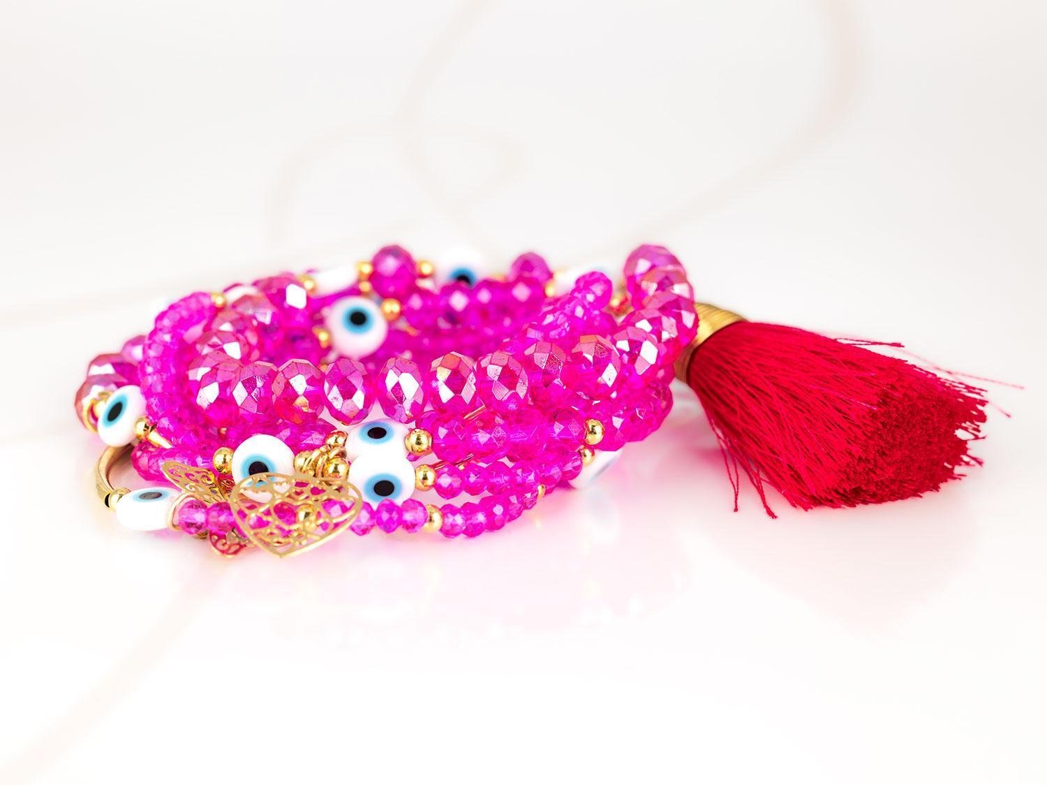 PULSERA CON DIJE ORO LAMINADO TUBO POMPON CRISTAL