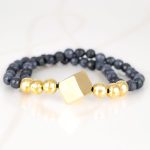 PULSERA SIN DIJE ORO LAMINADO CUBO DOBLE HILO PIEDRA