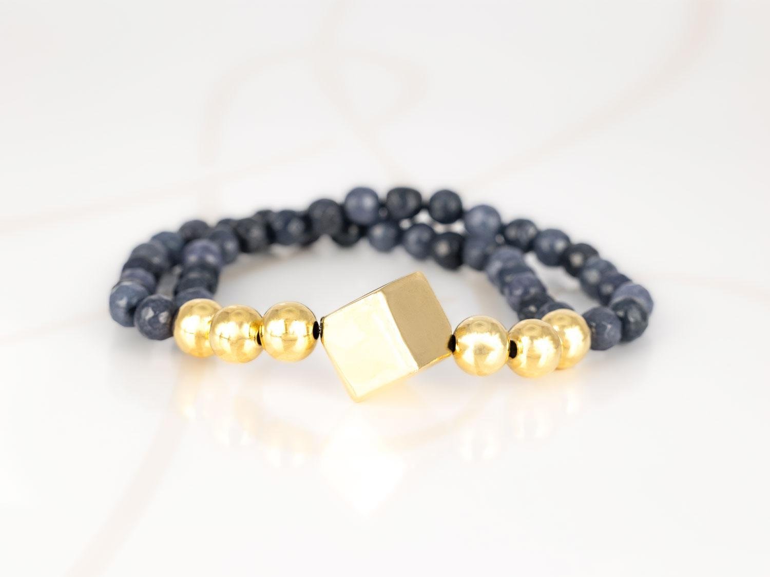 PULSERA SIN DIJE ORO LAMINADO CUBO DOBLE HILO PIEDRA