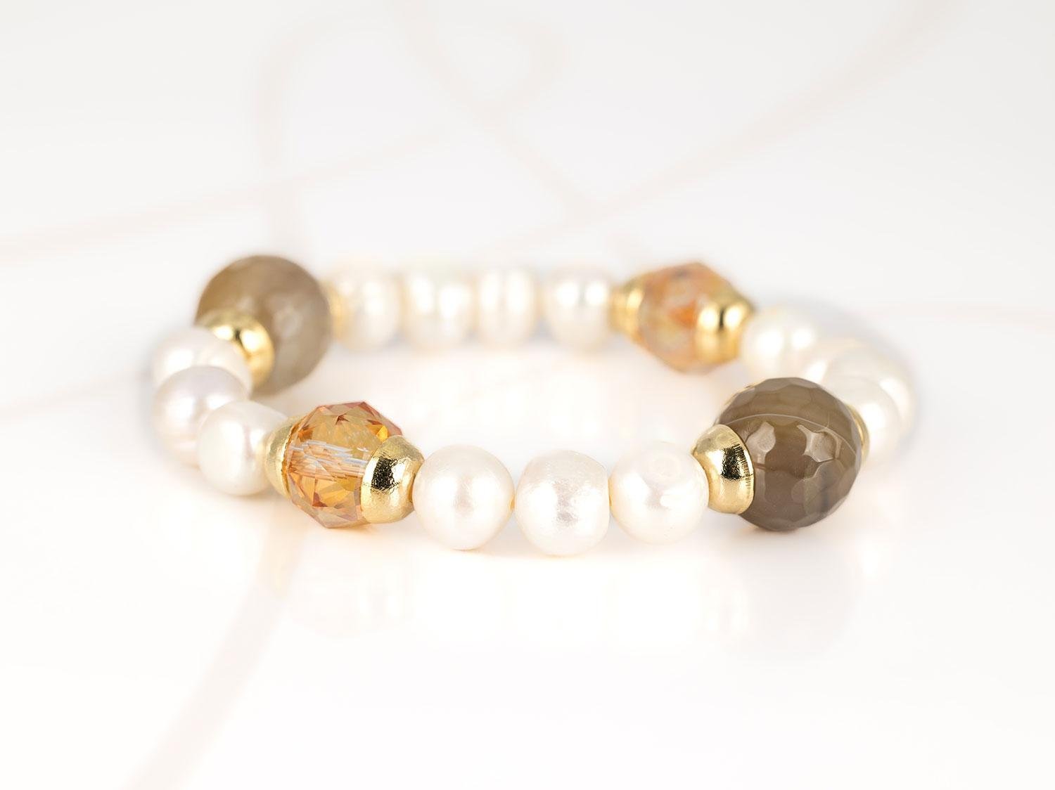 PULSERA SIN DIJE ORO LAMINADO BOLAS PERLAS PIEDRA