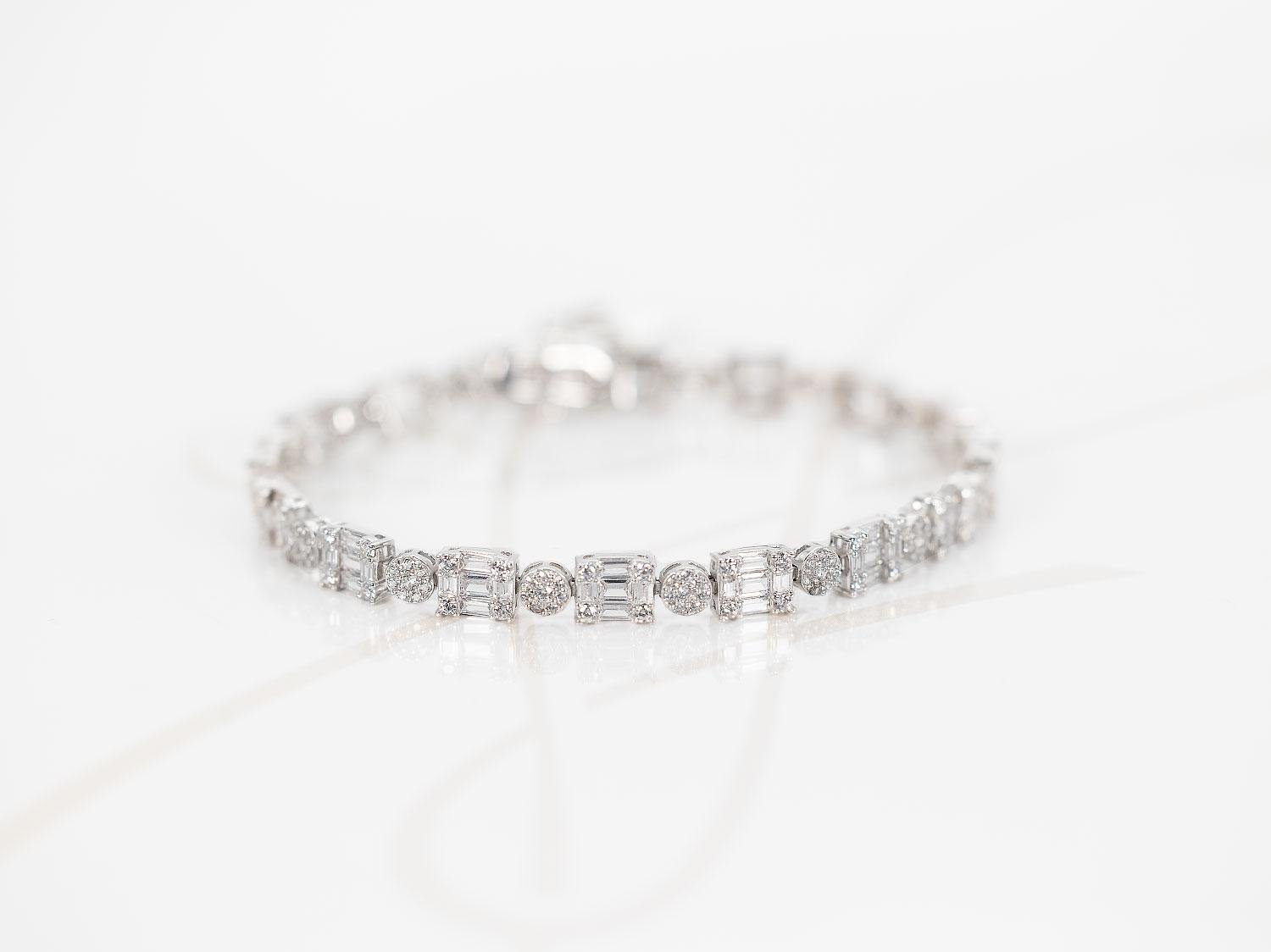 PULSERA PLATA RODIZADA BAGUETTE CIRCULOS Y CUADROS TOPACIO BLANCO
