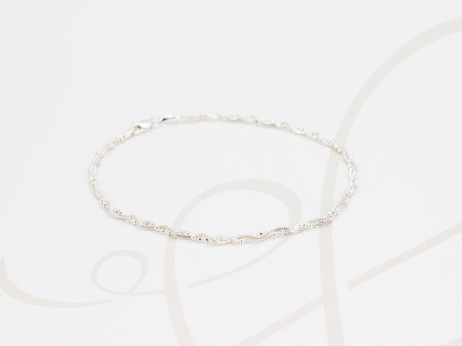 TOBILLERA SIN DIJE PLATA TRENZADA BOLITAS DIAMANTADO